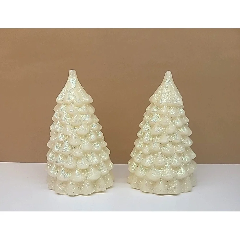 Set Of 2 Light Up Iridescent Glitter Wax Ivory Color Christmas Trees 6